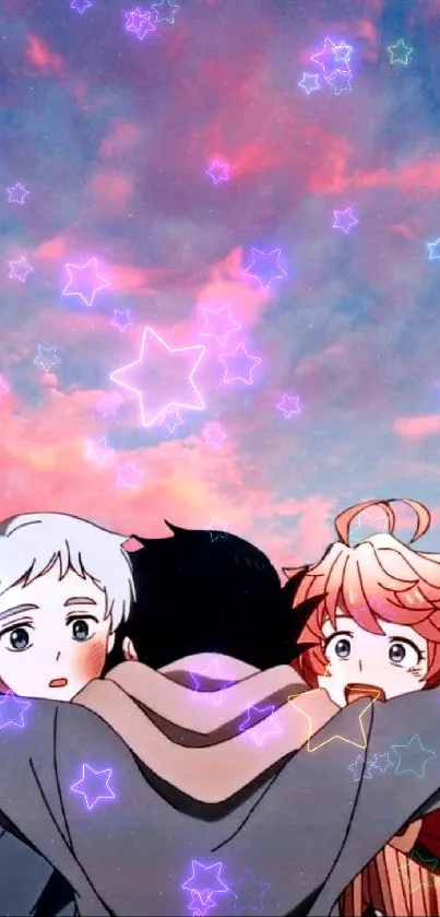 Anime characters watch a pink sunset sky.