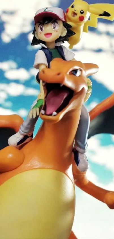 Anime Charizard and trainer with Pikachu in a vibrant sky.