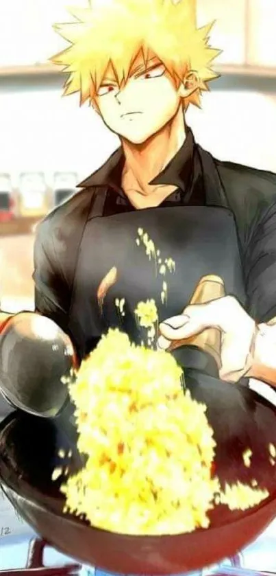 Anime chef cooking with vivid style in kitchen.