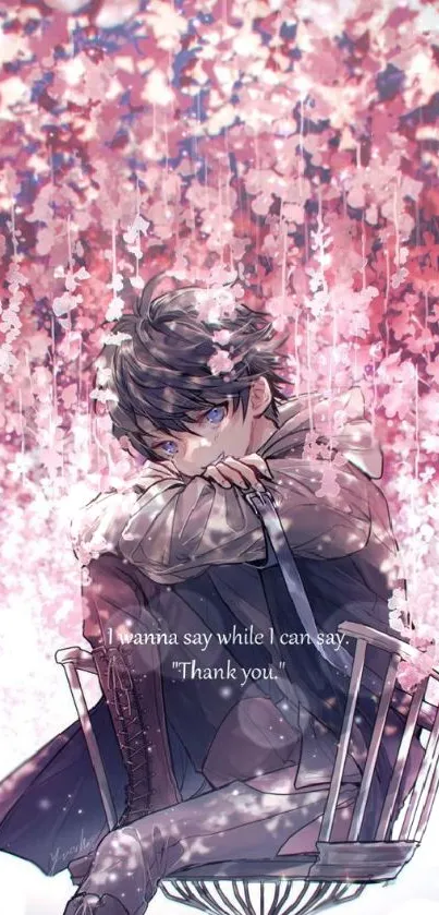 Anime character under cherry blossoms with soft pink hues.