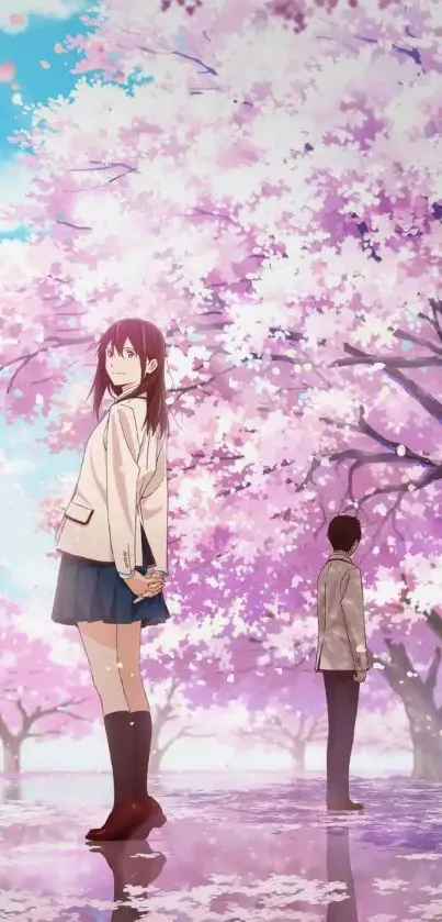 Anime scene with cherry blossoms in bloom.