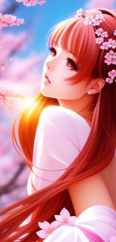 Anime girl in cherry blossom field with sunlight and vibrant pink hues.