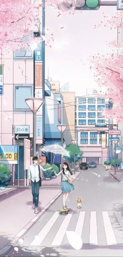 Anime city street with cherry blossoms and couple walking.