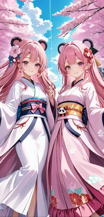 Anime twins in kimonos with cherry blossoms.