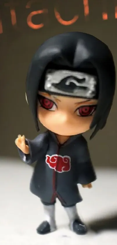 Anime chibi character with distinctive red eyes, in black attire on a minimalist background.