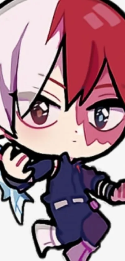 Anime chibi character with red and white hair in a playful stance.