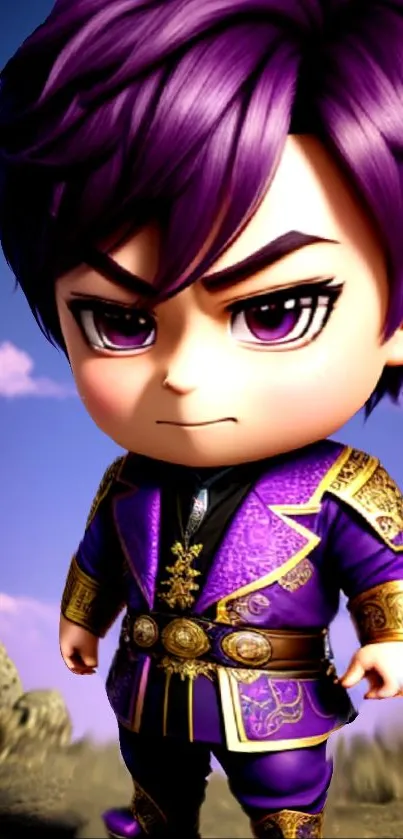 Anime chibi character in purple suit with gold accents on a vivid background.