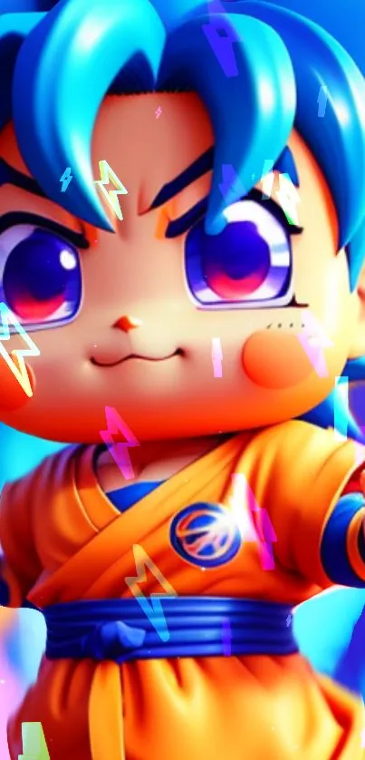 Vibrant anime chibi fighter wallpaper in orange and blue hues.