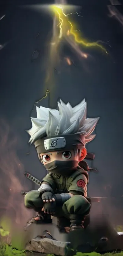 Chibi anime ninja with silver hair and dark dramatic background.