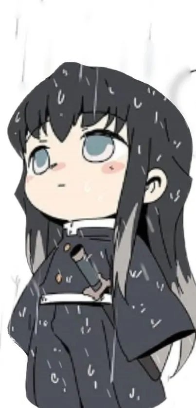 Anime chibi character standing in rain with dark hair and blue eyes on wallpaper.