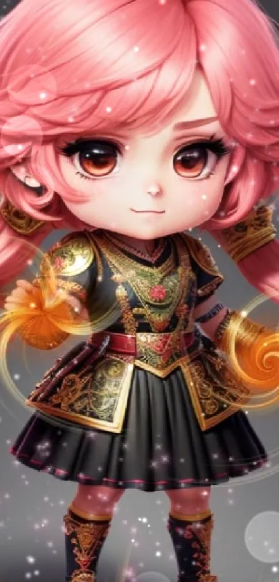 Anime chibi warrior with pink hair and decorative outfit radiating magic aura.