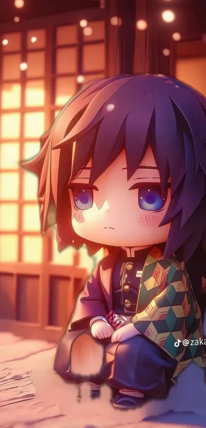 Chibi anime character sitting indoors with warm lighting.