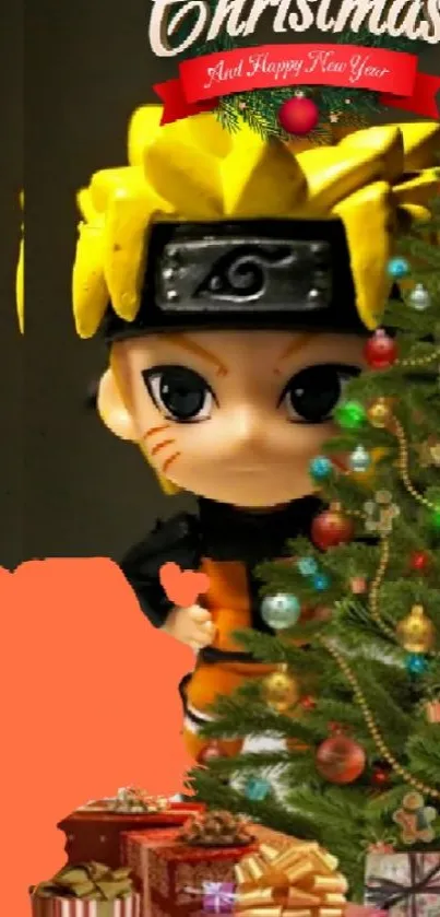 Anime character with Christmas tree and gifts on a holiday-themed wallpaper.