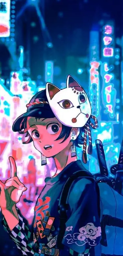 Anime character with mask in neon-lit city.