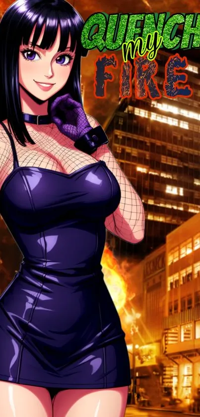 Anime character in dark dress against fiery urban skyline.