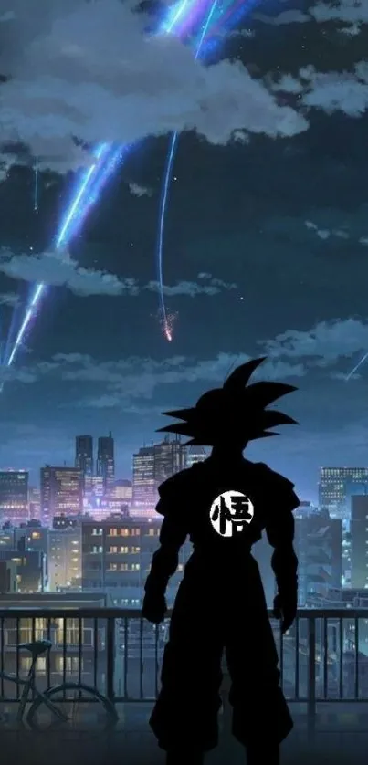 Anime silhouette with skyline under a night sky.