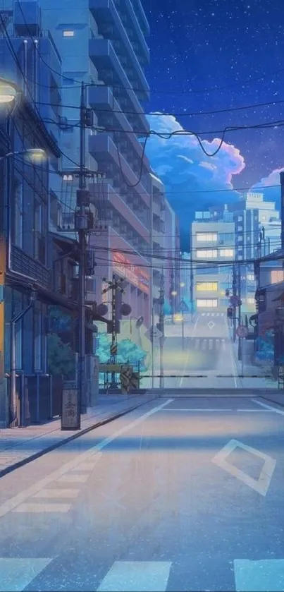 Anime city street at night under a starry sky.