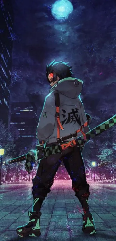 Anime warrior standing in vibrant city nightscape under full moon.