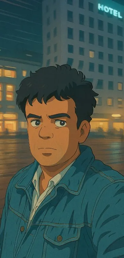 Anime character in a city at night.