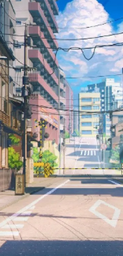 Serene anime city street scene with pastel colors and vibrant details.