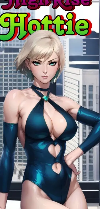 Anime character with cityscape background in teal design.