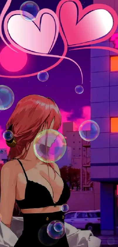 Anime character in a city with pink hearts and neon lights.