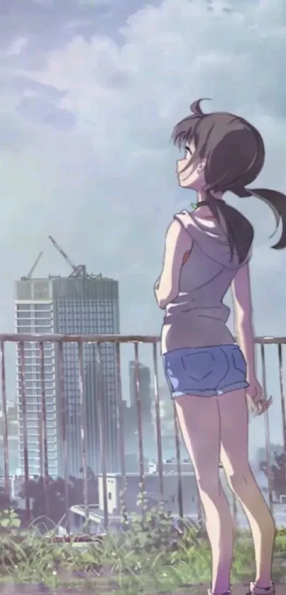 Anime character looking at city skyline under cloudy sky.