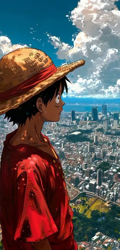 Anime character overlooking a vast cityscape with a bright blue sky.