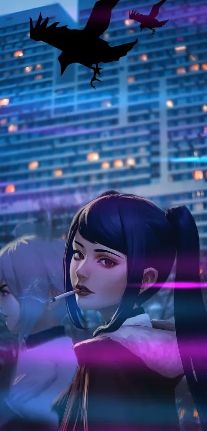 Anime cityscape at night with glowing purple lights and mysterious characters.