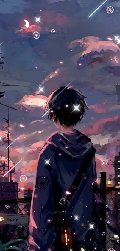 Anime wallpaper of a person in a cityscape at dusk with a vibrant sky.