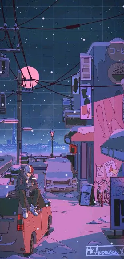 Anime night cityscape with neon lights and snowy street.