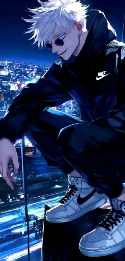 Anime character overlooking cityscape at night.