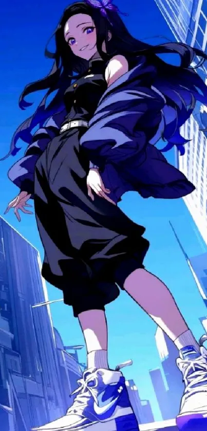 Anime character in blue cityscape wallpaper.