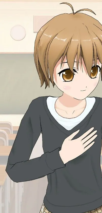 Anime character with brown hair in a classroom setting.