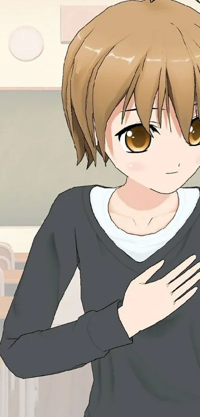 Cute anime character in a classroom setting, ideal for mobile wallpaper.