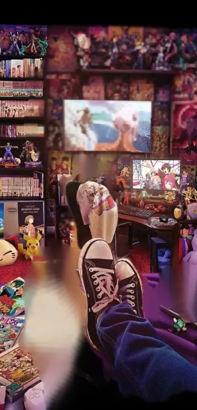 Vibrant anime-themed room with collectibles, posters, and manga.