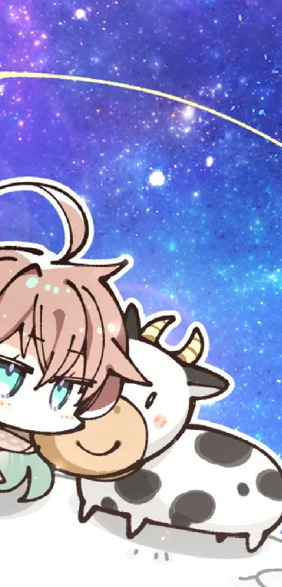 Anime character and cow on a cosmic background.