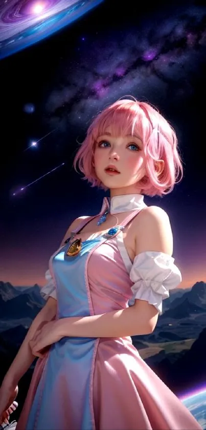 Anime character with pink hair under a cosmic sky.