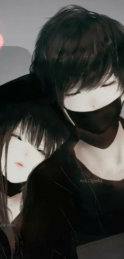 Anime couple in black masks with dark gray background.