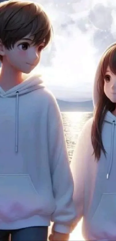 Anime couple in white hoodies by the sea during sunset.