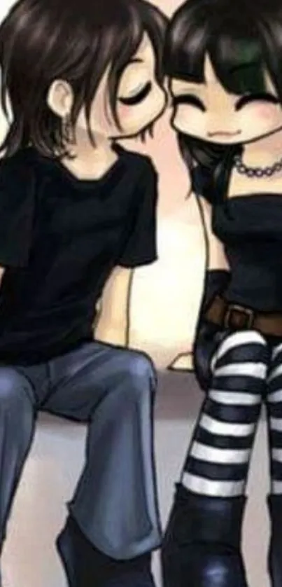 Cute anime couple sitting together in black outfits.