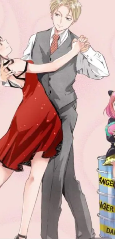 Anime couple in elegant dance with pink background.