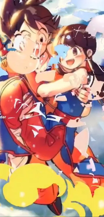 Anime couple in dynamic, colorful action scene.