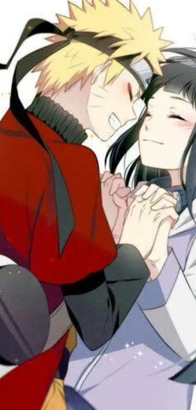 Anime couple embracing with joyful expressions in vibrant colors.