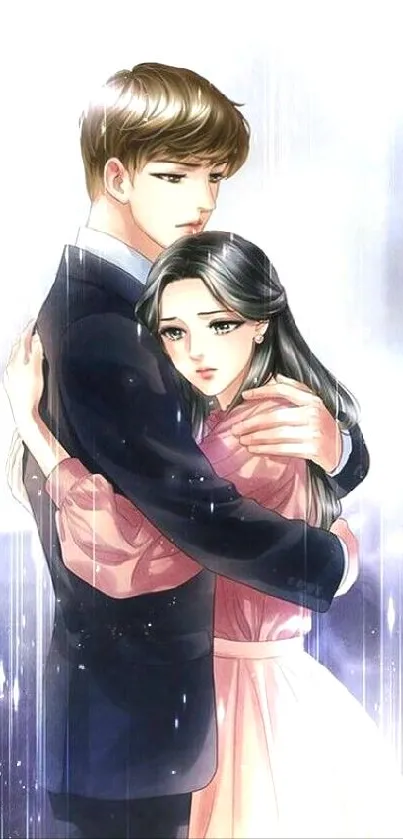 Romantic anime couple embracing in a tender scene, perfect for mobile wallpaper.