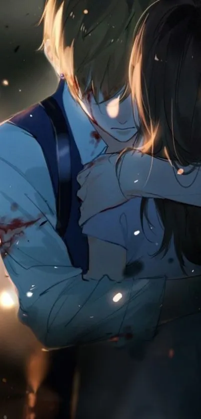 Anime couple embracing in dimly lit scene with emotional vibes and dark colors.