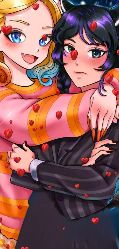 Anime couple in embrace with red hearts background.