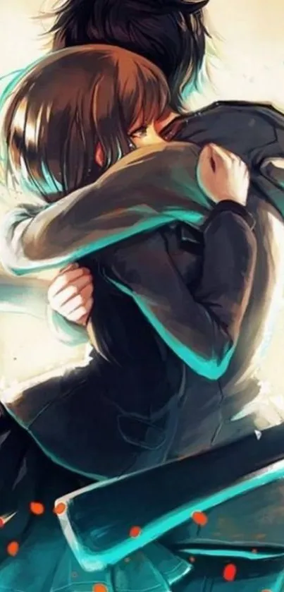 Anime couple hugging under warm light in artistic illustration.