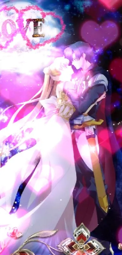 Anime couple kissing under a shining moon with love in vibrant colors.