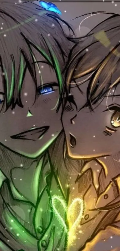 Anime couple glowing with colorful, magical effects in a digital artwork.